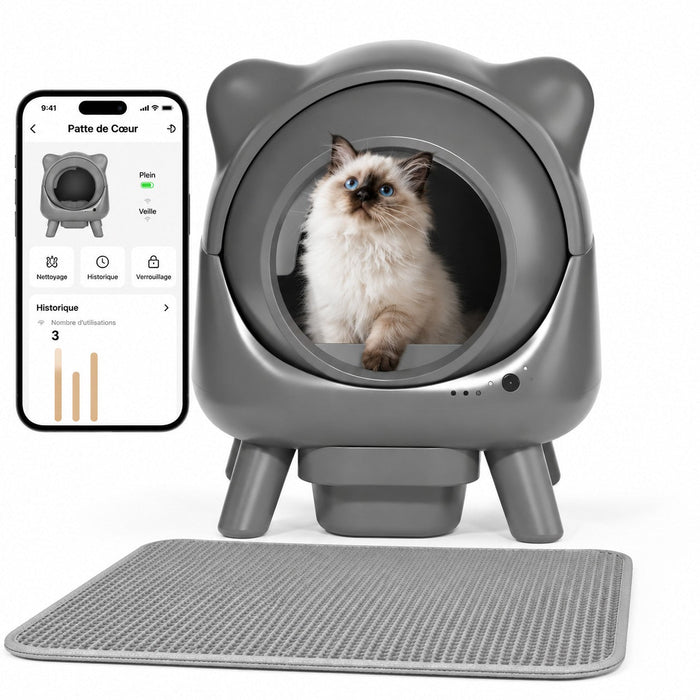 Litière automatique fermée Cocon grise avec son application et un chat à l'intérieur