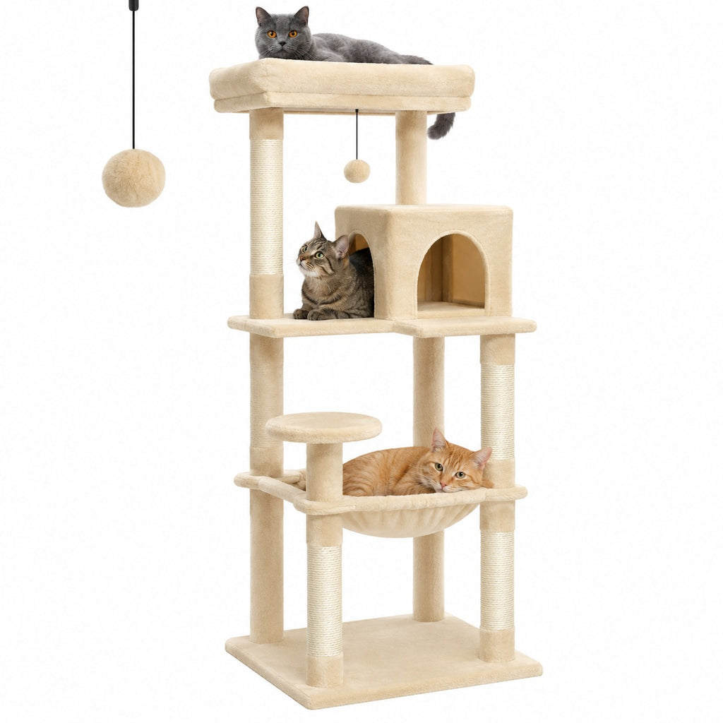 Arbre à chat 5 niveaux 143 cm beige avec trois chats