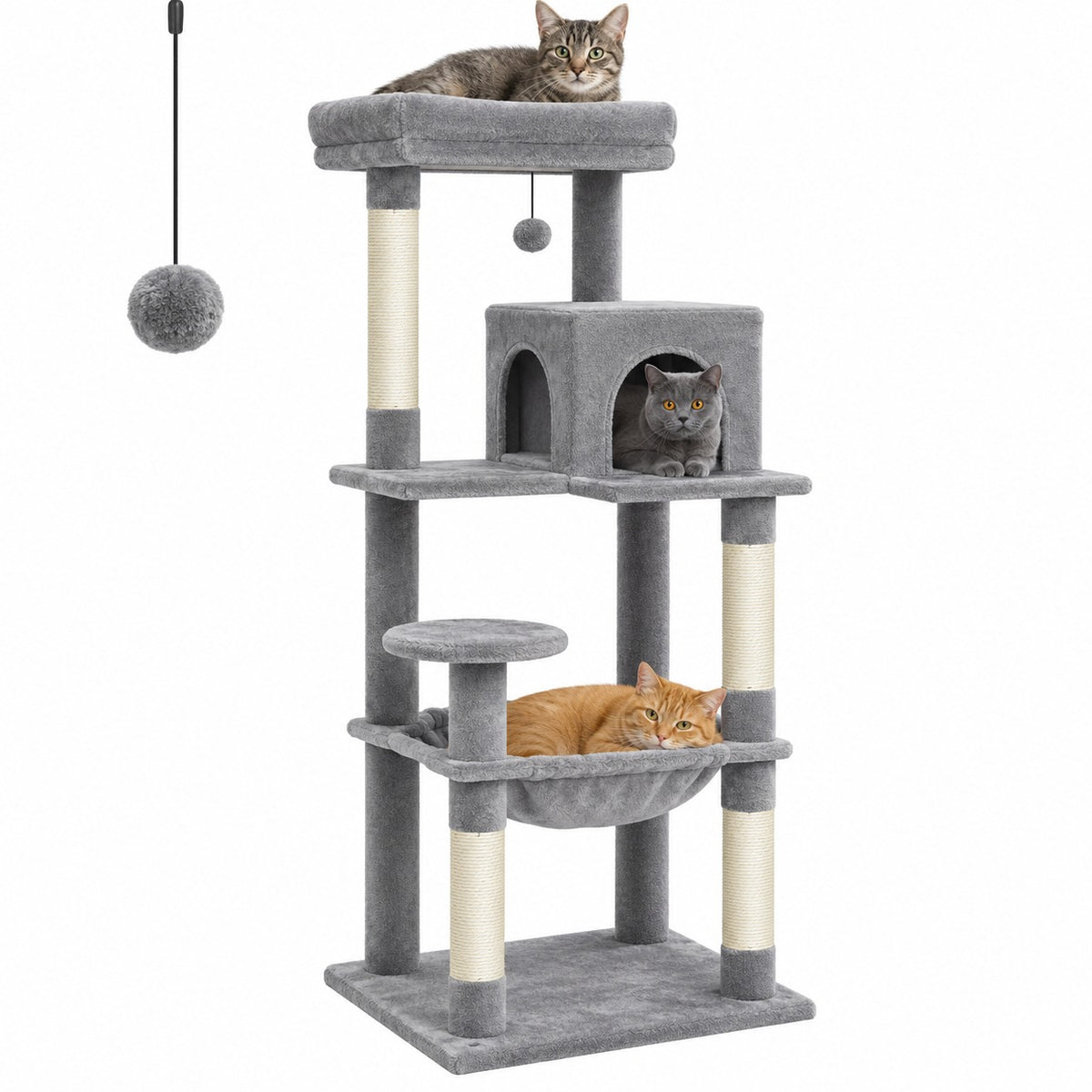 Arbre à chat 5 niveaux 143 cm gris clair avec trois chats