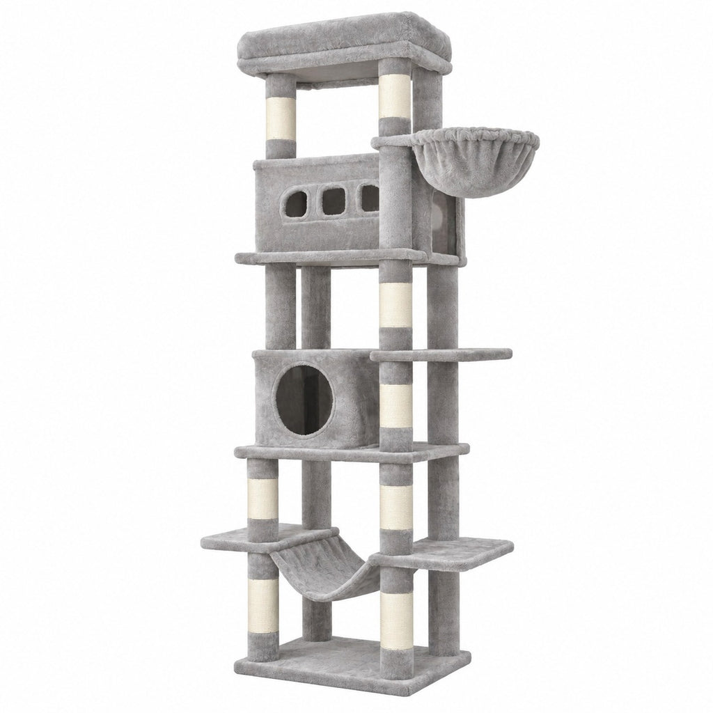 Grand arbre à chat 172 cm gris clair avec hamac et niches