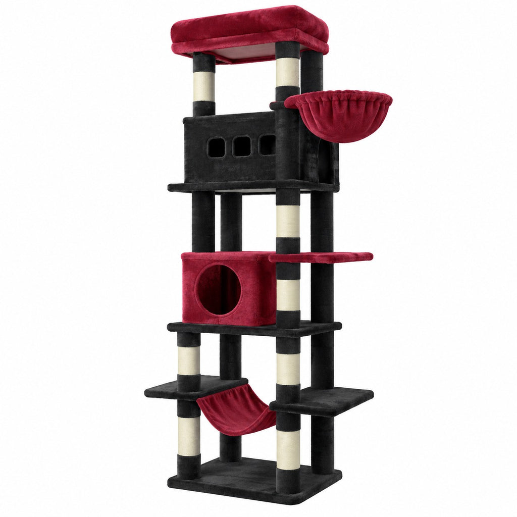 Grand arbre à chat 172 cm noir et rouge avec hamac et niches