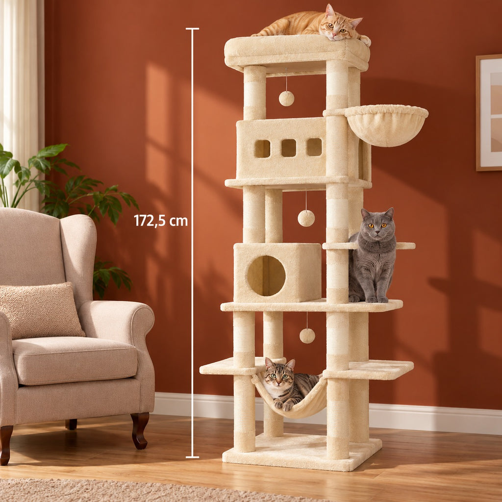 Arbre à chat 172 cm beige dans un salon avec trois chats