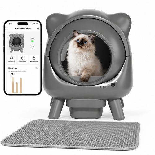 Litière automatique fermée Cocon grise, avec son application et un chat à l'intérieur
