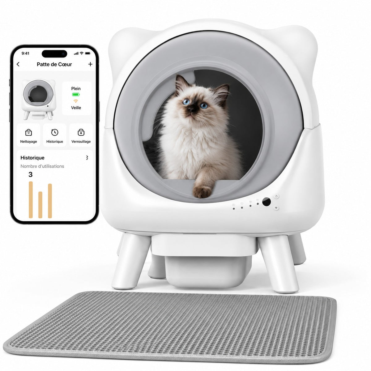 Litière automatique fermée Cocon blanche, avec son application et un chat à l'intérieur