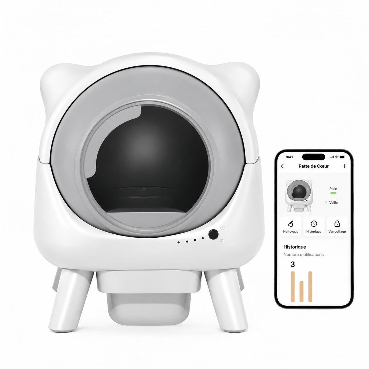 Litière automatique Cocon blanche de face, à côté de son application sur téléphone