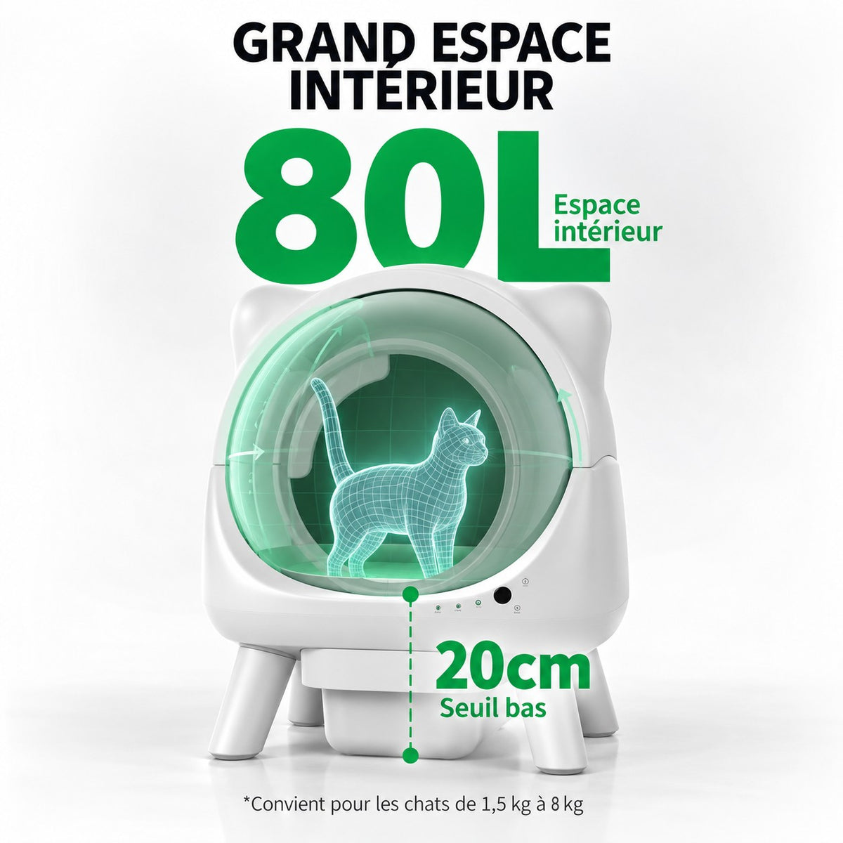 Grand espace intérieur de 80 L pour les chats de 1,5 à 8 kg