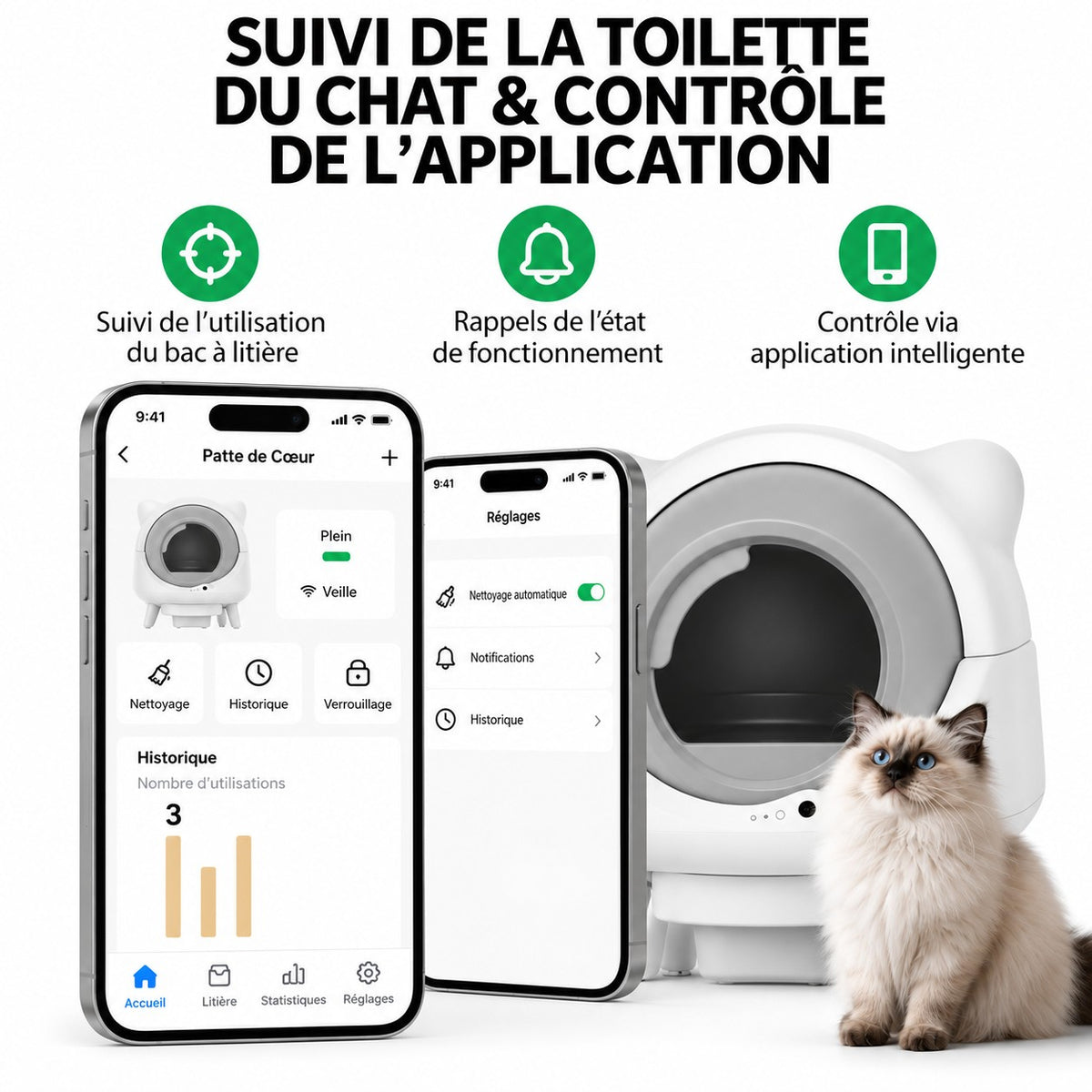 Suivi des passages du chat et réglages de la litière dans l'application