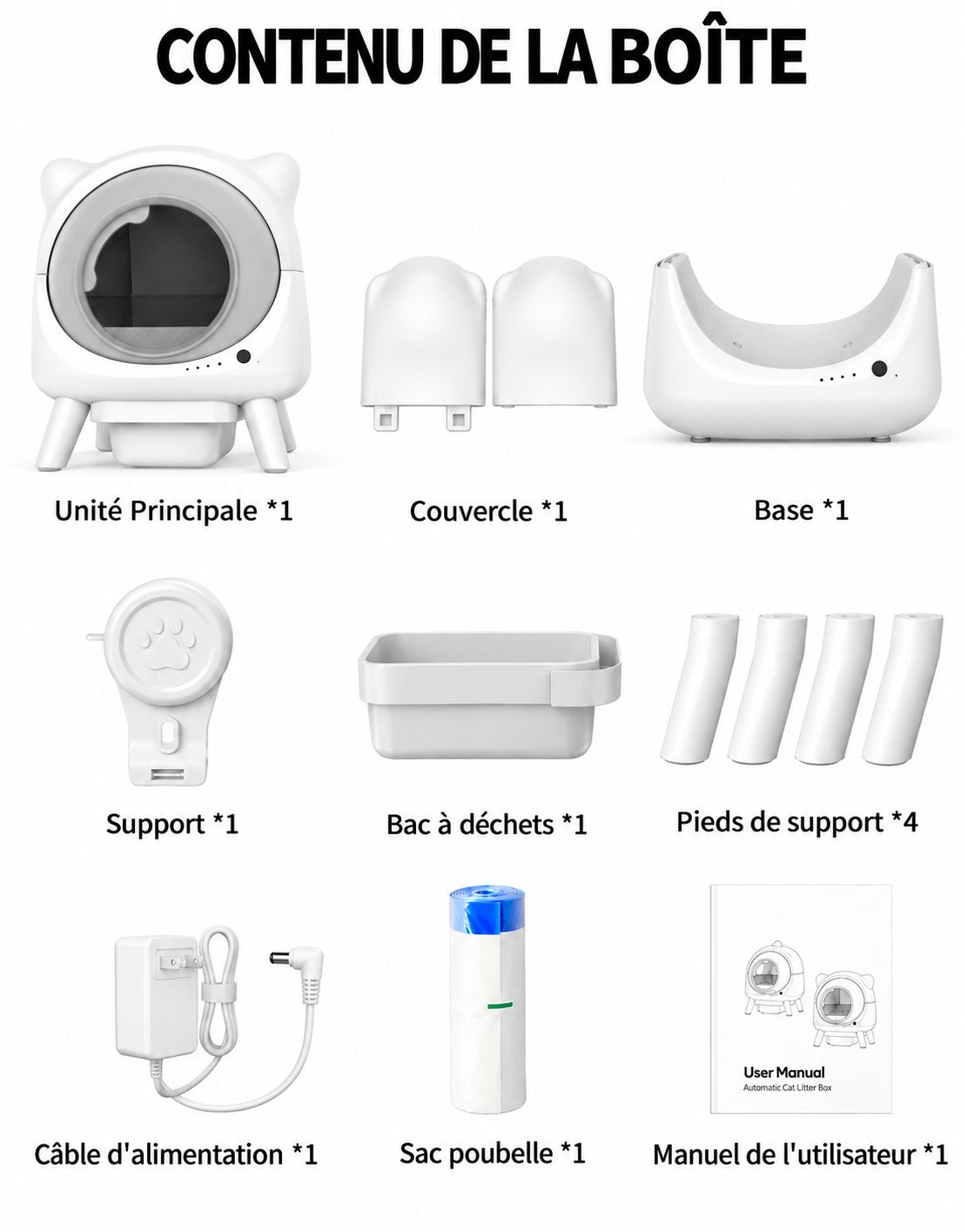 Contenu de la boîte de la litière automatique Cocon