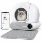Litière automatique L'Essentielle blanche avec un chat, son application et un tapis