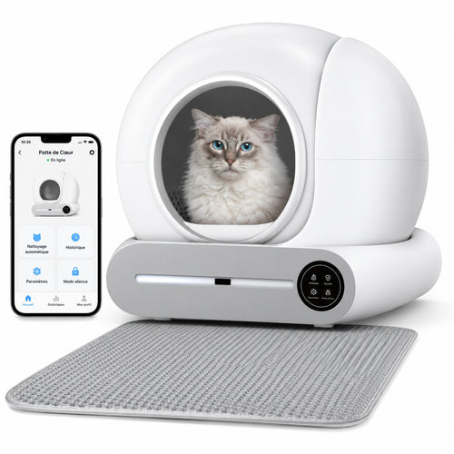 Litière automatique L'Essentielle blanche avec un chat, son application et un tapis