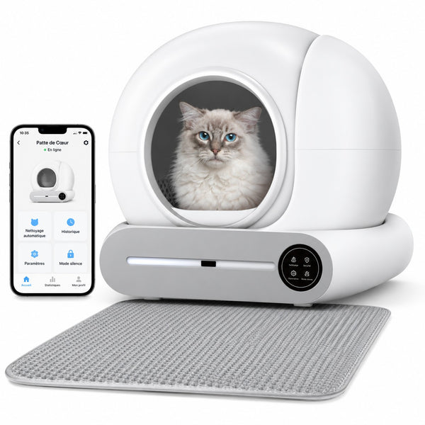Litière automatique L'Essentielle blanche avec un chat, son application et un tapis