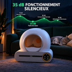 Litière automatique L'Essentielle silencieuse dans un salon la nuit