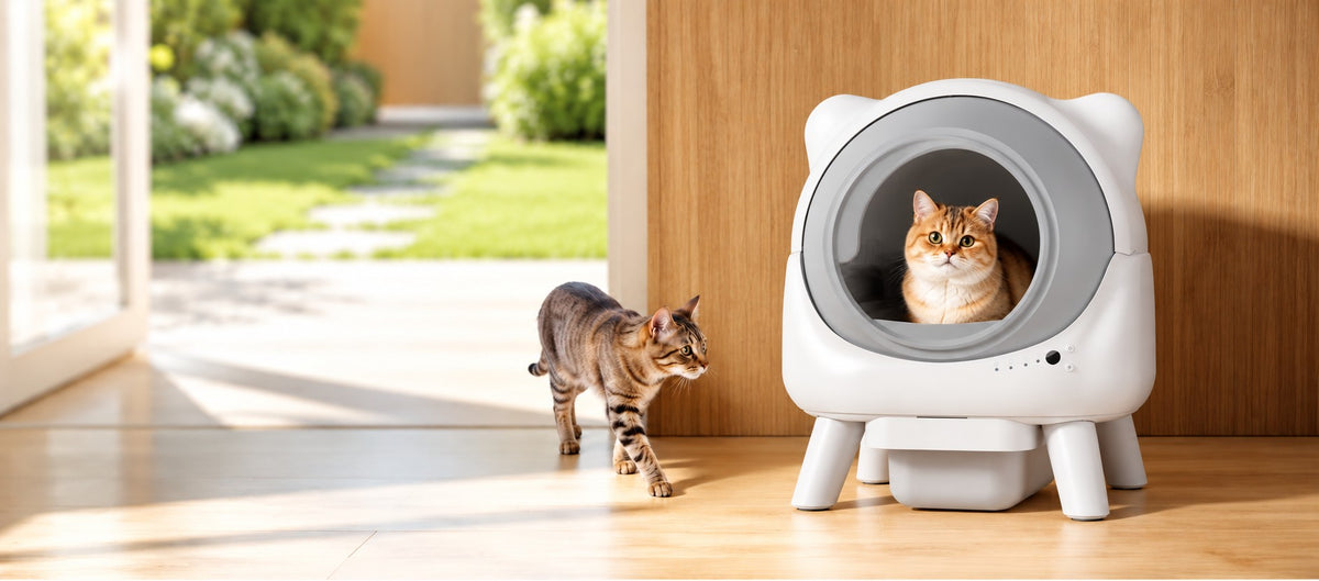 Litière automatique Cocon dans un salon lumineux, deux chats