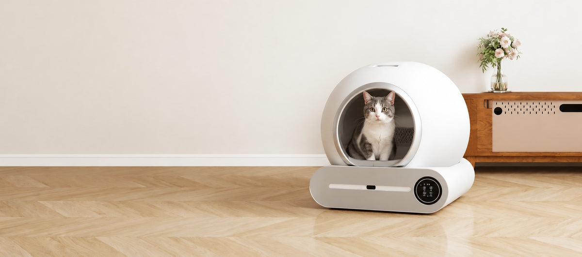 Chat assis dans la litière automatique L'Essentielle blanche