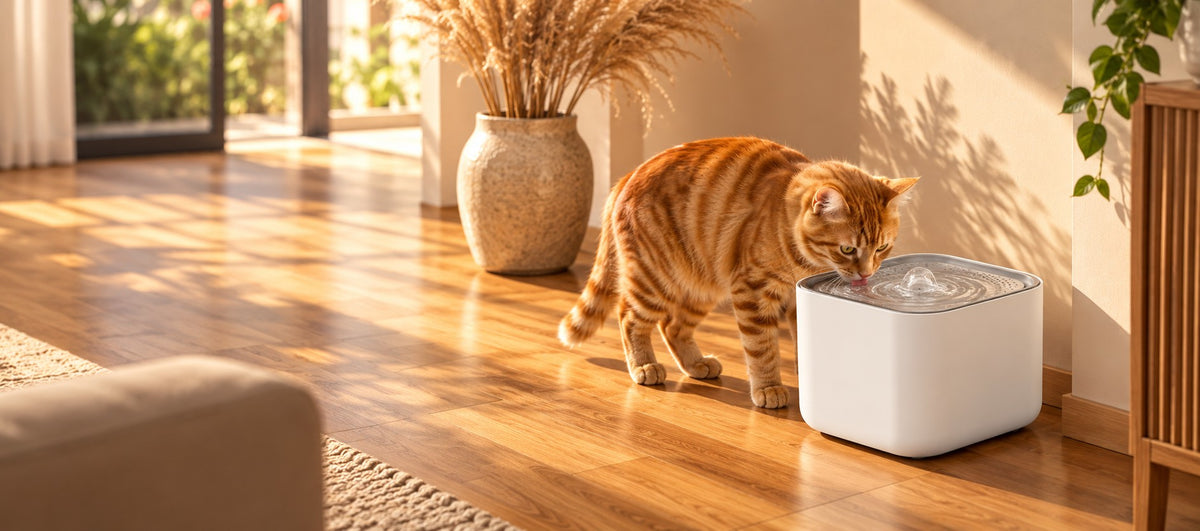 Chat roux qui boit à la fontaine à eau Onde dans un salon ensoleillé