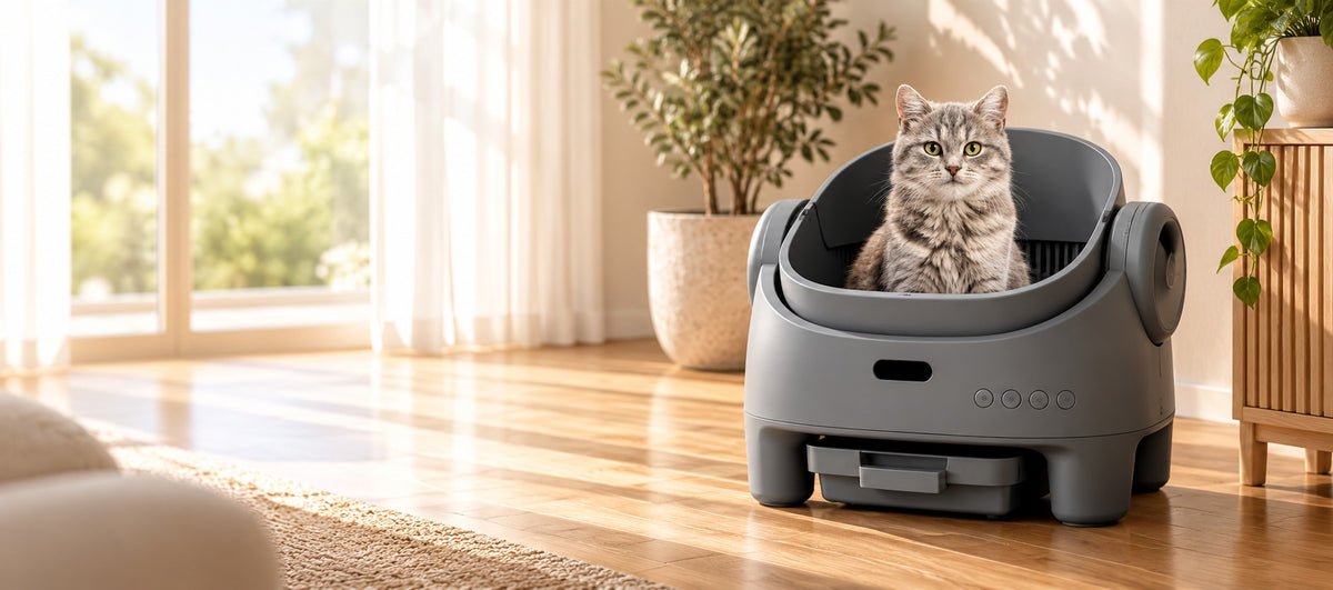 Chat gris assis dans la litière automatique ouverte Plume