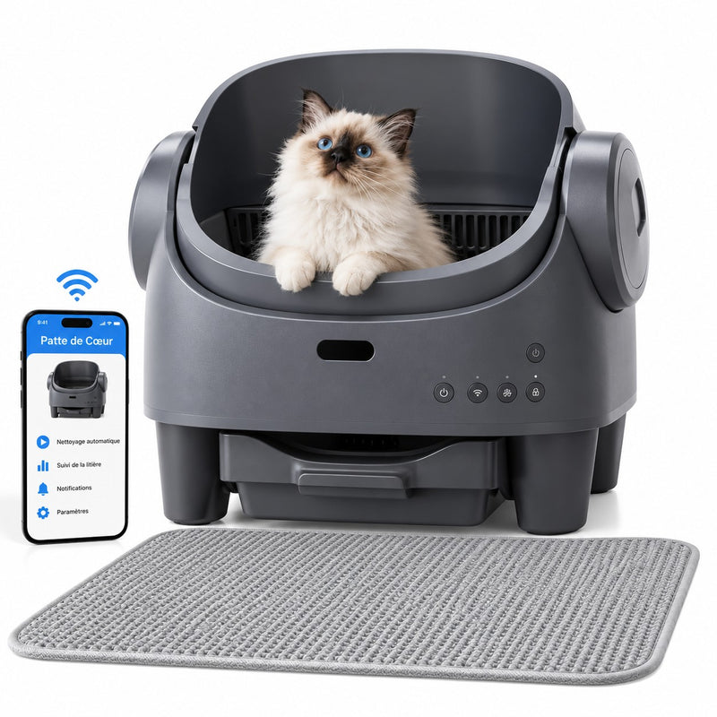 Litière automatique ouverte Plume avec un chat, son application et un tapis