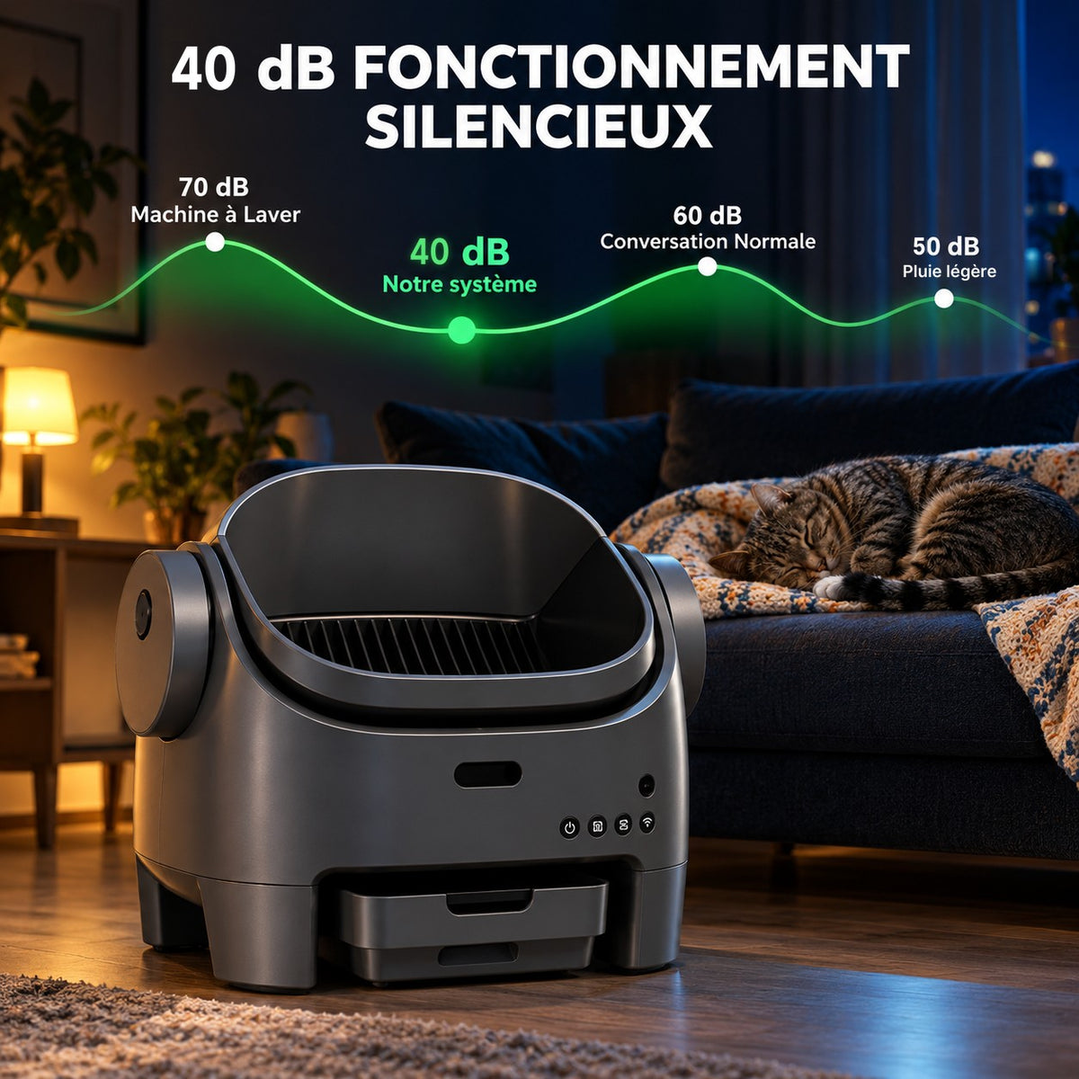 Litière automatique Plume silencieuse, 40 dB, dans un salon la nuit