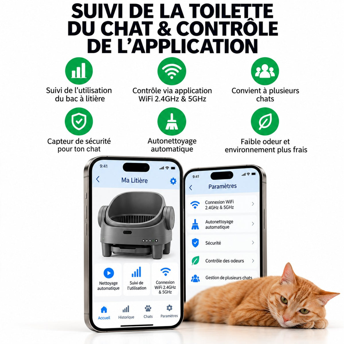 Suivi des passages du chat et réglages de la litière Plume dans l'application