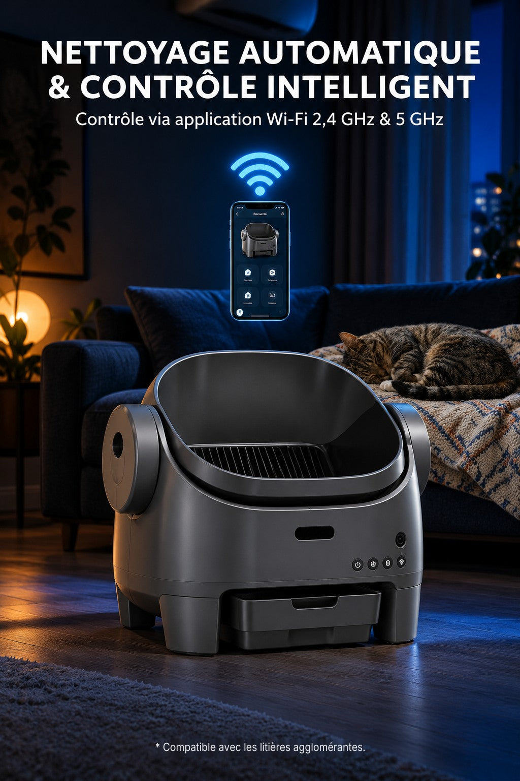 Nettoyage automatique et contrôle de la litière Plume par Wi-Fi 2,4 et 5 GHz