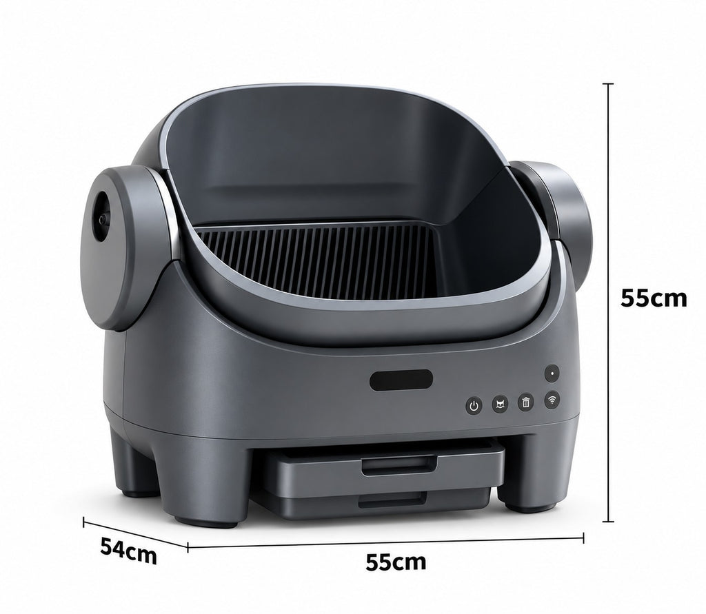 Dimensions de la litière automatique ouverte Plume