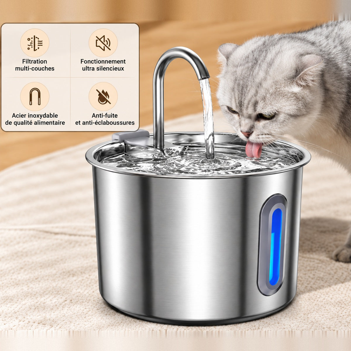 Une fontaine en inox, saine et facile à garder propre