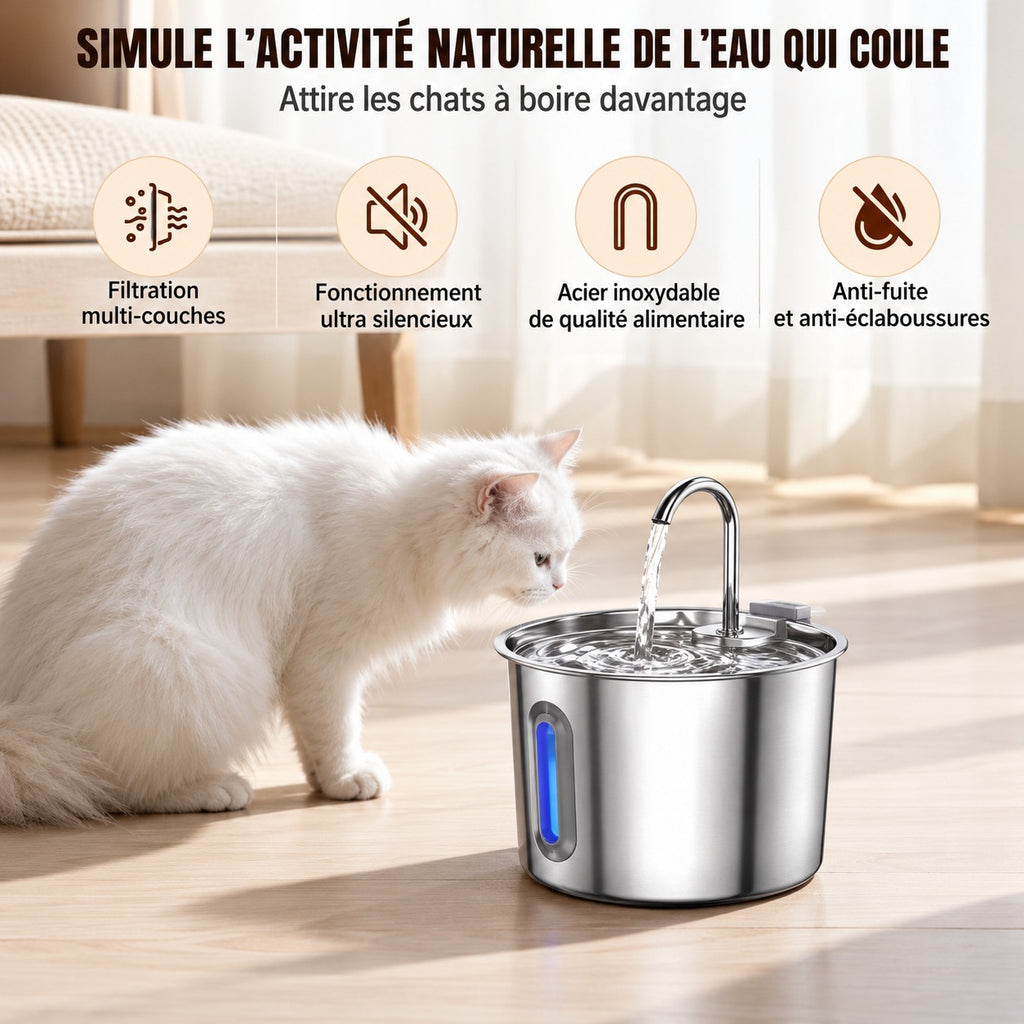Chat blanc devant la fontaine Source : l'eau coule comme au naturel