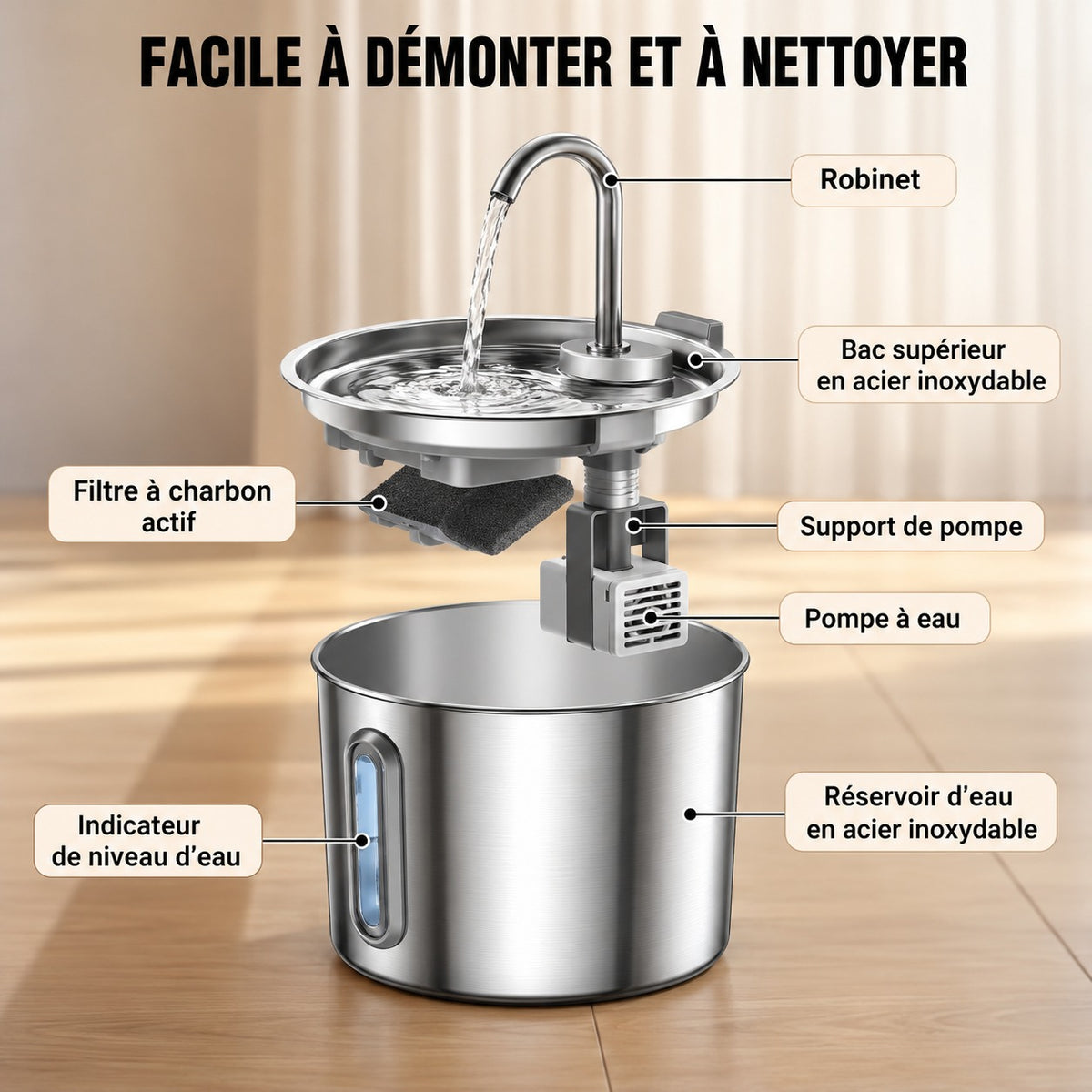 Fontaine Source démontable pour le nettoyage