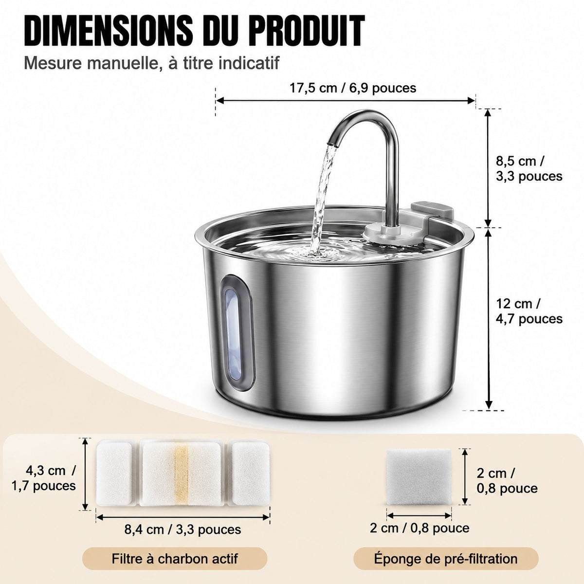 Dimensions de la fontaine à eau Source en inox